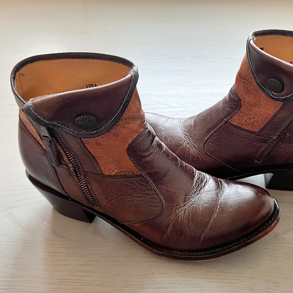 J.B. Dillon Ankle Real Genuine Brown Leather Bootie Cowboy Boot Women Size 10